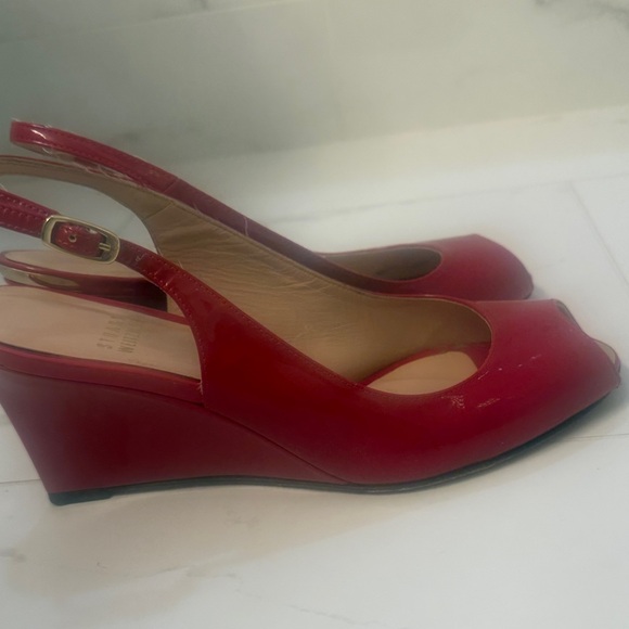 Stuart Weitzman Red Peep-Toe Wedge Sandals - Picture 6 of 8